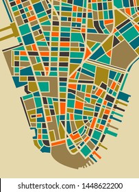 New York Vector Map. Colourful Playful Vintage Design Base For Travel Card, Advertising, Gift Or Poster. This Map Is Based On A Real City Plan, But NOT Intended To Be Precise.