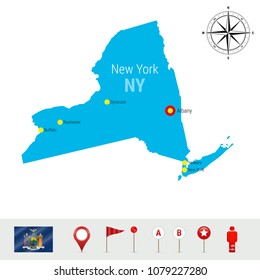 New York Vector Map Isolated on White Background. High Detailed Silhouette of New York State. Vector Flag of New York. 3D Map Markers or Pointers, Navigation Elements. Rose of Wind or Compass Icon