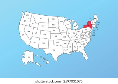 new york vector map isolated on United states map. Editable blank vector map of USA
