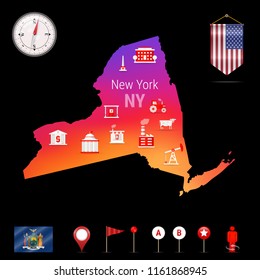 New York Vector Map, Night View. Compass Icon, Map Navigation Elements. Pennant Flag of the United States. Vector Flag of New York. Various Industries, Economic Geography Icons.