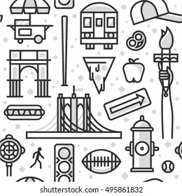 New York, vector outline background, seamless pattern: traffic light, Brooklyn Bridge, clock, hot dog, arc, shop, baseball, apple, pizza, train, arrow, rugby, hydrant, Statue of Liberty