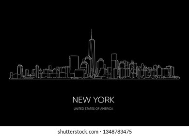 New York vector panorama, hand drawn line art illustration. White outlines on black background. New York city, United States of America