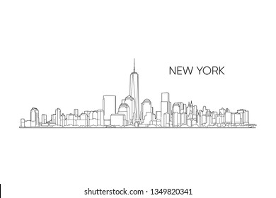 New York vector panorama, hand drawn line art illustration. Black outlines on white background. New York city, United States of America