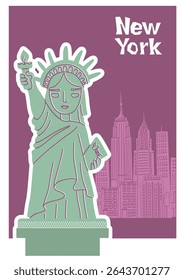 New York vector poster with Statue of Liberty illustration background for design, website, presentation, cards, icons, stickers. New York with lettering text.