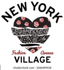 Nova York aldeia tipografia patchwork lareira, impressão para mulher camisa com tecido applique bordado