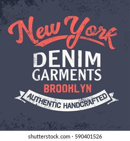 New York Vintage Denim print for t-shirt. Old school vector graphic for fashion and printing. Retro artwork and typography