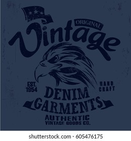 New York vintage denim print for t-shirt or apparel. Eagle vector old school vector graphic for fashion and printing retro artwork and typography.