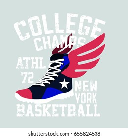 New York Vintage Denim Print For T-shirt Or Apparel. Flying Shoe Symbol .Old School Vector Graphic For Fashion And Printing. Retro Artwork And Typography.Basketball  Shoes With Wings.