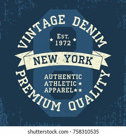 New York vintage grunge graphic for t-shirt. Original clothes design. Authentic athletic apparel typography. Retro sportswear print. Vector illustration.