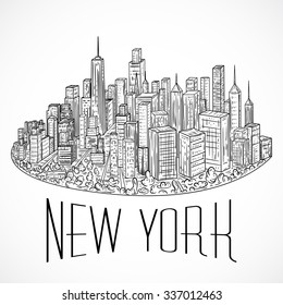 New York. Vintage hand drawn city landscape. Vector illustration in line art style