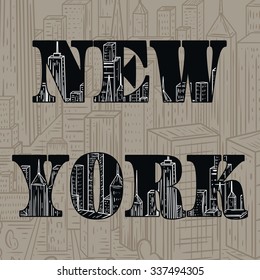 New York. Vintage hand drawn background with city landscape . Vector illustration in line art style