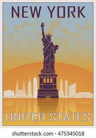 New York Vintage Poster 2 in orange and blue textured background with skyline in white