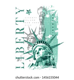 New York vintage t shirt apparel fashion print. Hand drawn textured typographic composition. Statue of Liberty