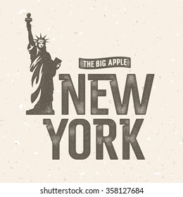 New York vintage t shirt apparel fashion print. Hand drawn  textured typographic composition. Statue of Liberty