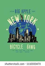 new york vintage typography bicycle print with manhattan landscape