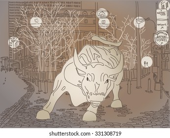 New York Wall Street. Bull. Vector Illustration.