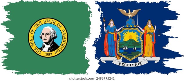 New York and Washington states grunge brush flags connection, vector