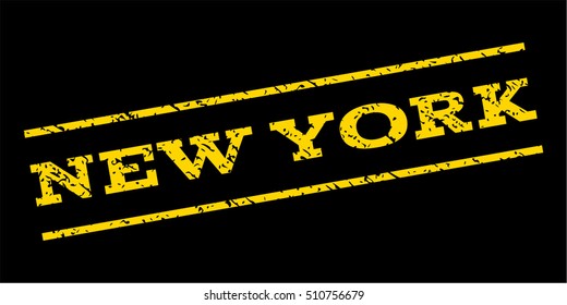 New York watermark stamp. Text tag between parallel lines with grunge design style. Rubber seal stamp with unclean texture. Vector yellow color ink imprint on a blue background.