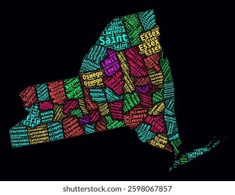 New York Word Cloud. Bright neon style design on a dark background. Region names text cloud. Boundary shape with administrative division. Stylish vector illustration.