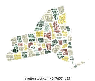 New York Word Cloud. State shape with county division. New York typography style image. County names tag clouds. Vector illustration.
