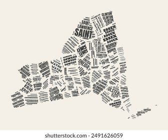 New York Word Cloud. State with counties division. New York typographic text clouds vector image design. Vintage gazette style state shape image. Vibrant vector illustration.