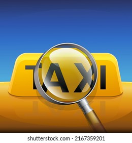 New York yellow taxi sign on the roof of a yellow cab with a magnifying glass zooming in on part of the roof sign