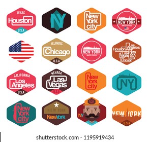 New York,Los angeles,Las vegas,Chicago,Huston sticker emblem T Shirt design