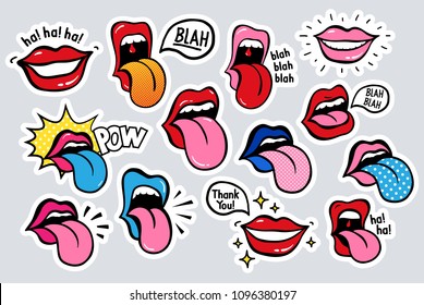 New youth Lips with tongue stickers, patches in 70's 80's, 90's rock, pop art style. Perfectly suitable on a laptop, jeans jacket, other clothes. Women color vector collection