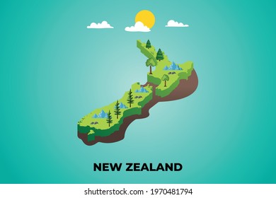 New Zealand 3d isometric map with topographic details mountains, trees and soil vector illustration design