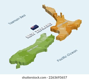 New Zealand 3d (isometric) map colored by regions on light blue background