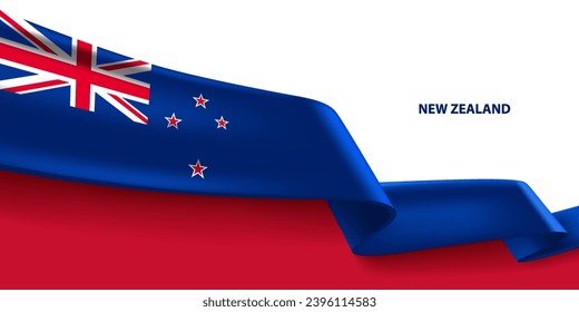 New Zealand 3D ribbon flag. Bent waving 3D flag in colors of the New Zealand national flag. National flag background design.