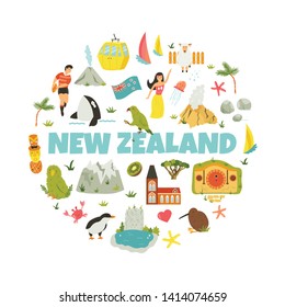New Zealand abstract design with national symbols, animals, landmarks, elements