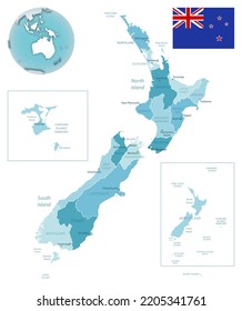 New Zealand administrative blue-green map with country flag and location on a globe. Vector illustration