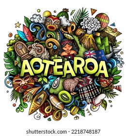 New Zealand Aotearoa cartoon doodle illustration. Funny design. Creative vector background. Handwritten text with Oceania Country elements and objects. Colorful composition