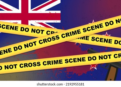 New Zealand Armed Attack Vector Banner, Shooting News Concept, Armed Assault With Gun And Blood Stain On New Zealand Flag, Yellow Police Tape, Crime Scene Composition, Top View, Flat Design