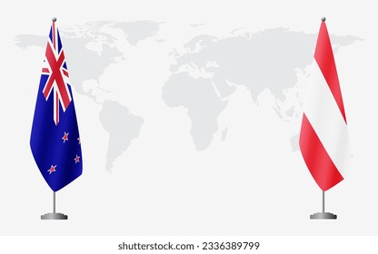 New Zealand and Austria flags for official meeting against background of world map.