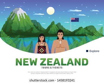 New zealand background with editable text description and doodle characters of natives in front of landscape vector illustration