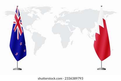 New Zealand and Bahrain flags for official meeting against background of world map.