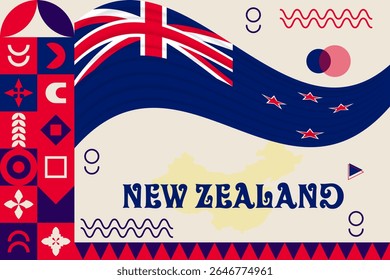 Banner neozelandês com design cultural. Projeto do dia da independência para a celebração da Nova Zelândia. Design retrô neogemétrico moderno com bandeira, mapa e ícones abstratos. Azul e Vermelho. Ilustração de vetor