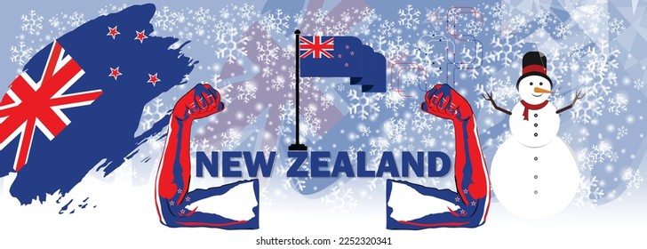 New Zealand banner showing its climate and winder season activities such as making snow man and showing the power and dignity of the country with the muscles of a man in beautiful background  