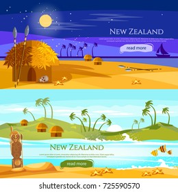 New Zealand banners. Mountains and beach landscape, natives. Village of aboriginals Maori of New Zealand. Tradition and culture