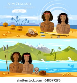 New Zealand banners. People of Maori, tradition and culture New Zealand. Mountains and beach landscape, natives. Village of aboriginals