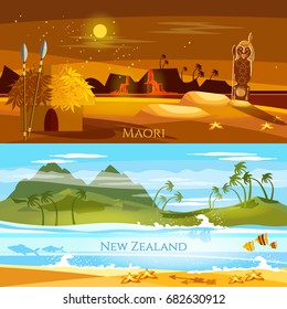 New Zealand Banners. Tradition And Culture New Zealand. Mountains And Beach Landscape, Natives. Village Of Aboriginals Maori Of New Zealand 