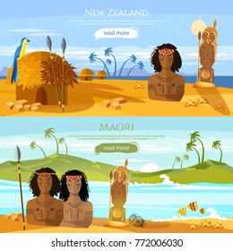 New Zealand banners. Village of aboriginals Maori. People of Maori, tradition and culture New Zealand. Mountains and beach landscape, natives 