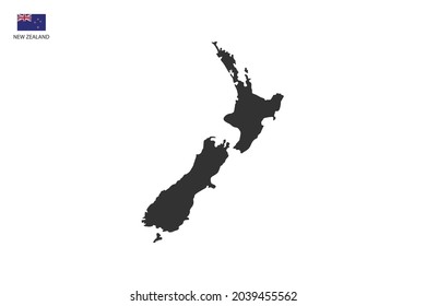New Zealand black shadow map isolated on white background with New Zealand icon flag on the left corner.