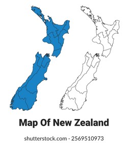 New Zealand Blue detailed map border regions outline vector set