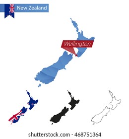 New Zealand blue Low Poly map with capital Wellington, four versions of map. Vector Illustration.