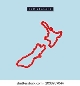 New Zealand bold outline map. Glossy red border with soft shadow. Country name plate. Vector illustration.