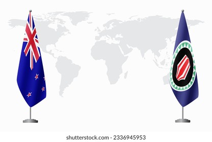 New Zealand and Bougainville flags for official meeting against background of world map.