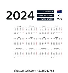 New Zealand Calendar 2024. Week starts from Monday. Vector graphic design. English language.
